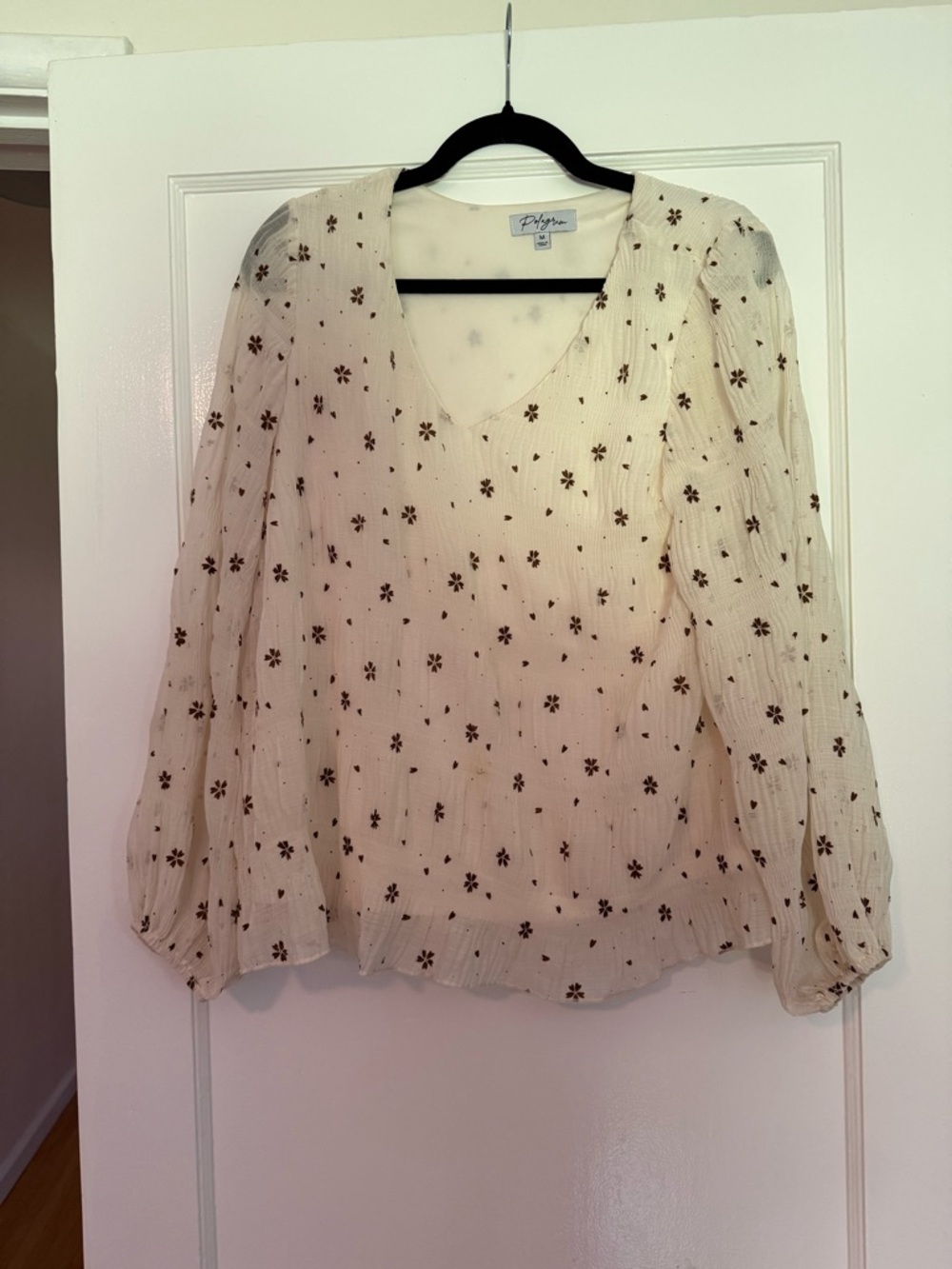 Polagram Cream Sheer V-Neck Blouse with Brown Floral Print